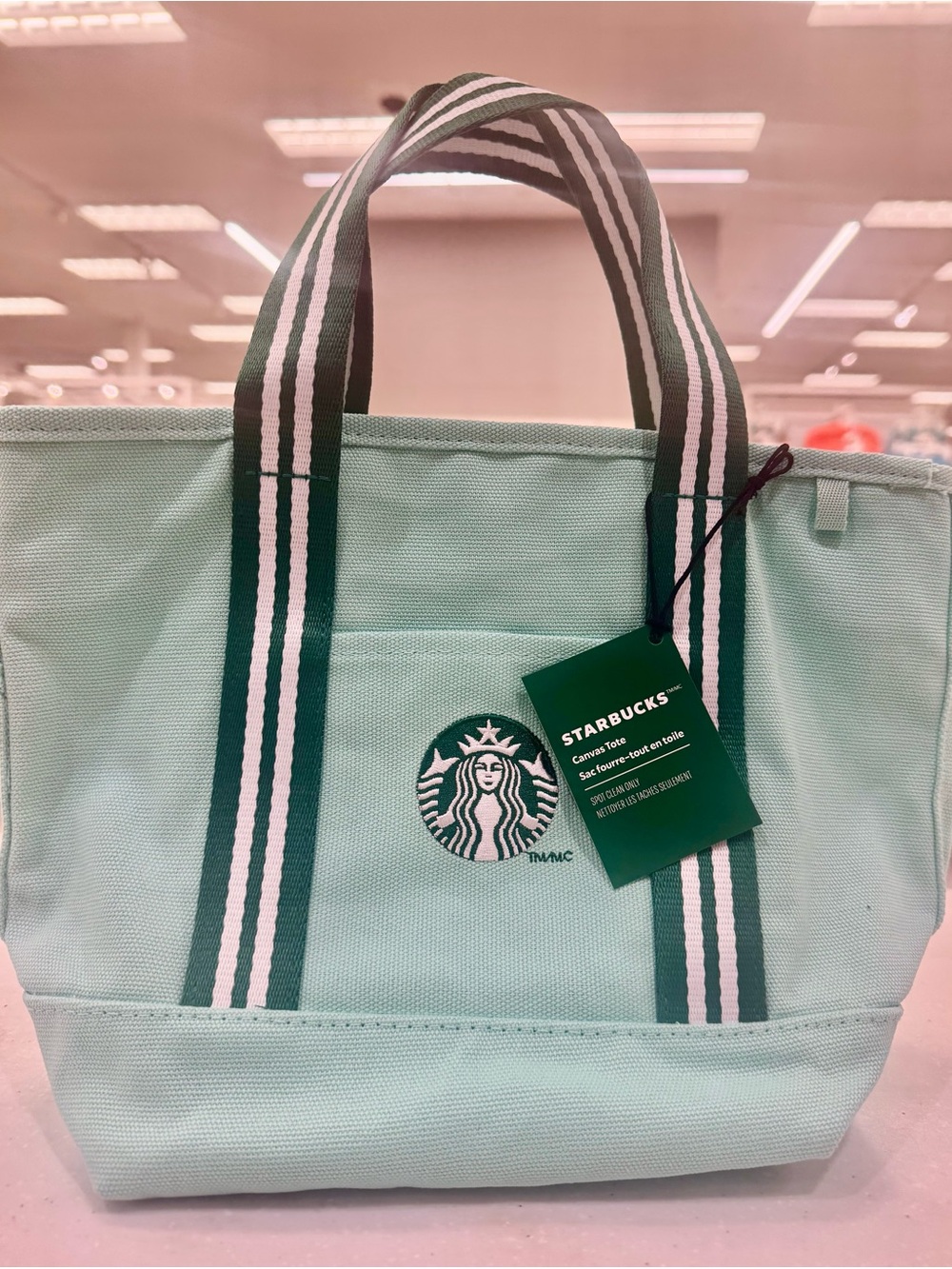 Starbucks Mint Green Canvas Tote with Striped Handles
